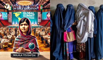 Malala Yousafzai addressing a global summit in Pakistan, advocating for girls' education and Afghan women’s rights under Taliban oppression.