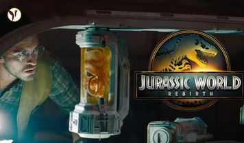 Jurassic World: Rebirth thumbnail with heroes in a jungle, a menacing aquatic dinosaur, and the bold movie title.