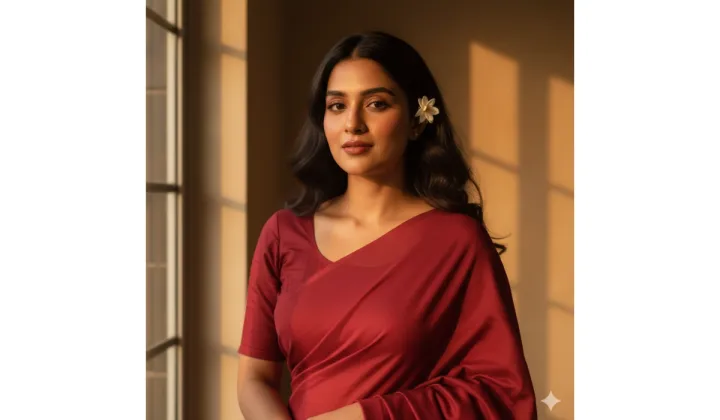 Golden Hour Red Cotton Saree Portrait