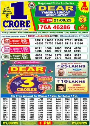 Nagaland Lottery 1PM Result Sunday 21-09-2025