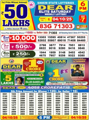 Nagaland Lottery 6 PM Result Saturday 4-10-2025