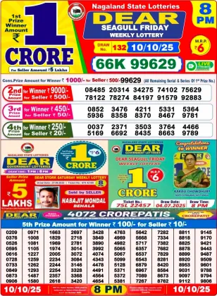Nagaland State Lottery Old Result 8 PM 10-10-2025