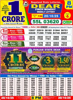 Nagaland State Lottery Old Result 8 PM 20-10-2025