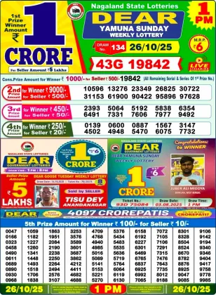 Nagaland Lottery 1 PM Result Sunday 26-10-2025