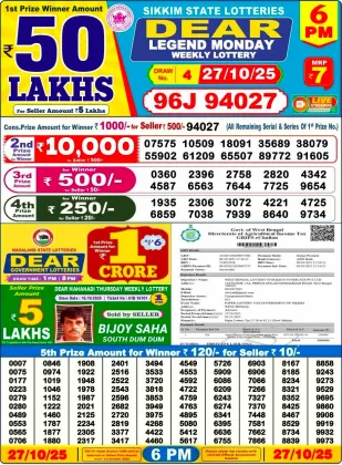 Nagaland Lottery 6 PM Result Monday 27-10-2025