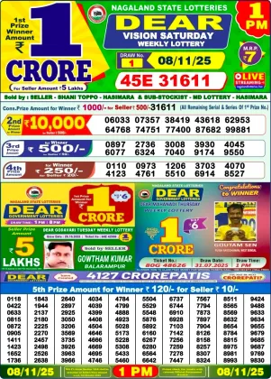 Nagaland Lottery 1 PM Result Saturday 8-11-2025