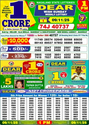 Nagaland Lottery 1 PM Result Sunday 9-11-2025
