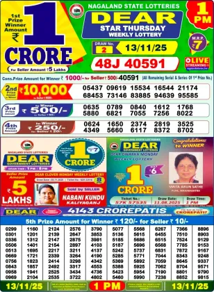 Nagaland Lottery 1 PM Result Thursday 13-11-2025