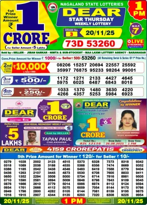 Nagaland Lottery 1 PM Result Thursday 20-11-2025