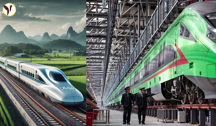 Futuristic bullet train CR450 speeding on a modern railway track at 450 km/h, showcasing advanced technology and innovation.