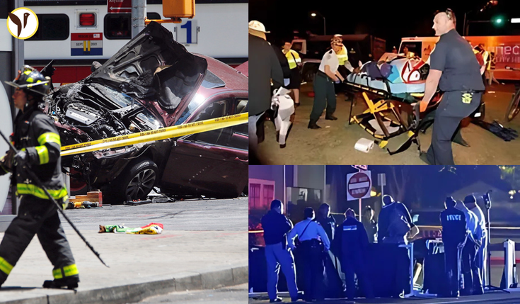 Emergency responders at the scene of a car-ramming incident on New Year's Day in New Orleans, with police and ambulances present.