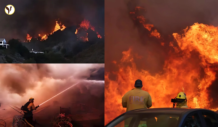 Firefighters battling intense flames amid strong winds during the Palisades fire in Southern California, with smoke-filled skies in the background.