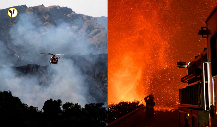 A dramatic firenado spiraling amidst intense flames and smoke during the Palisades Fire in Los Angeles, California.