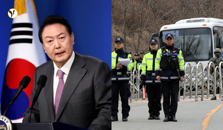 South Korea's President Yoon Suk Yeol detained, escorted by police amid political crisis over martial law declaration.