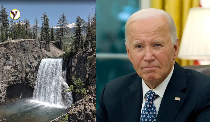 President Joe Biden announcing the creation of Chuckwalla and Sattitla Highlands National Monuments with visuals of protected landscapes in the background.