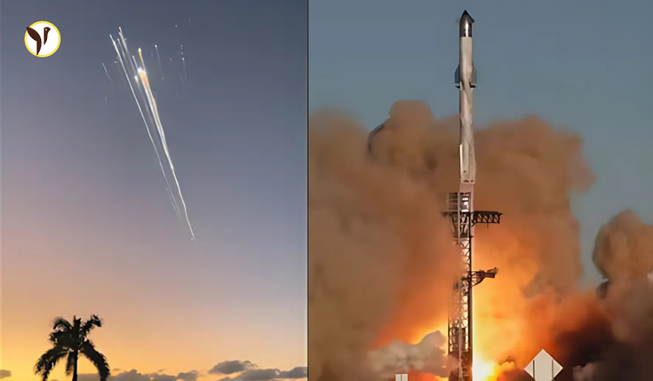 SpaceX Starship rocket explosion during test flight, streaks of orange light and smoke trails across the sky, highlighting the rocket's failure.