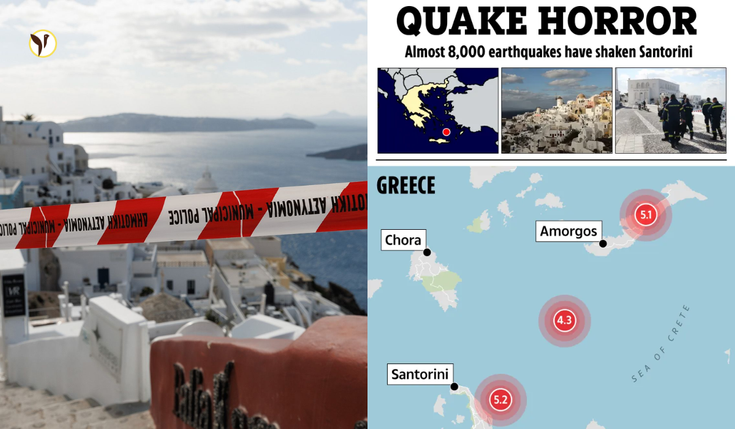 View of Santorini, Greece, with earthquake impact, showing landslides and worried residents amid ongoing seismic crisis.