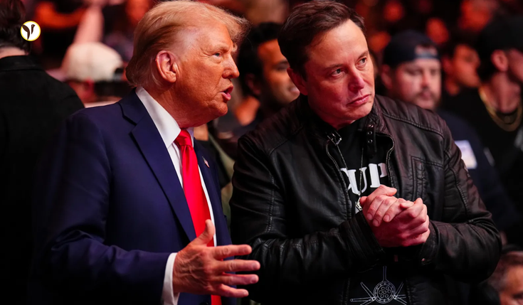 Elon Musk standing beside Donald Trump in the Oval Office, showcasing their political alliance.