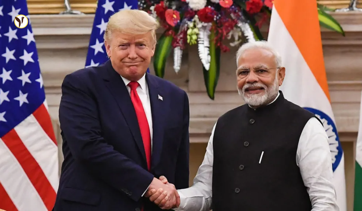 Trump and Modi meeting in Washington, discussing trade, tariffs, and strategic relations.