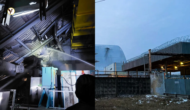 Chernobyl nuclear plant radiation shield damaged by Russian drone attack.
