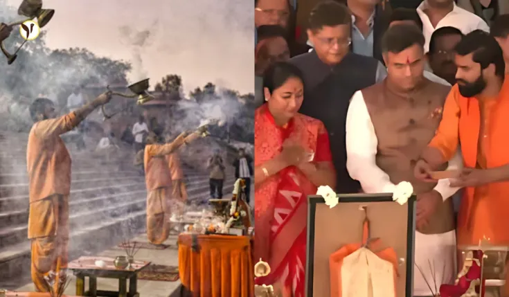 Delhi CM Rekha Gupta and ministers performing Yamuna Aarti at Vasudev Ghat