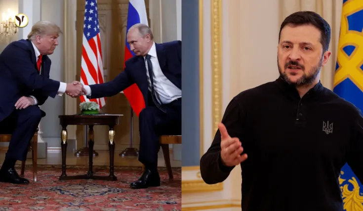 Donald Trump and Vladimir Putin in a diplomatic meeting
