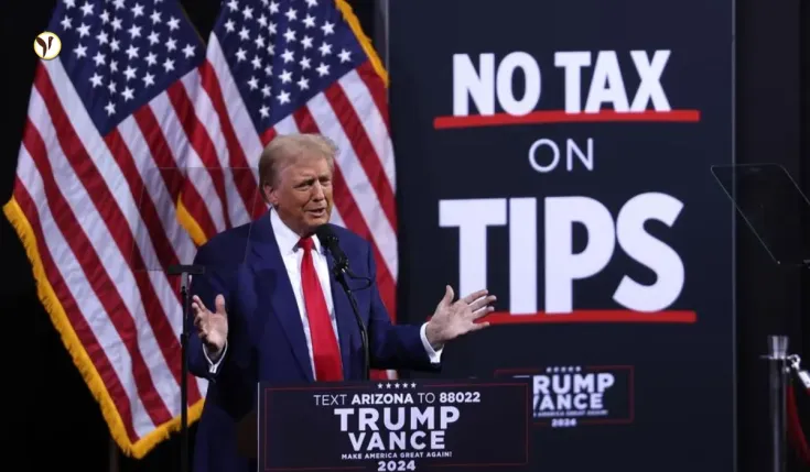 Donald Trump speaking at a campaign rally about tax cuts for overtime pay and tips.