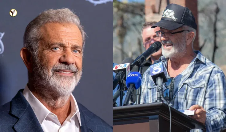 Mel Gibson speaking at a press conference about LA fires and the recall of Governor Gavin Newsom.