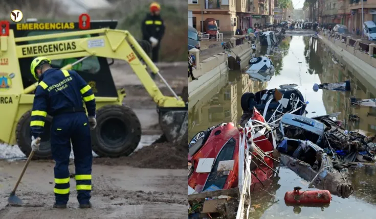 Flooded streets in Telde, Canary Islands, with debris and a submerged car as residents begin cleanup efforts.