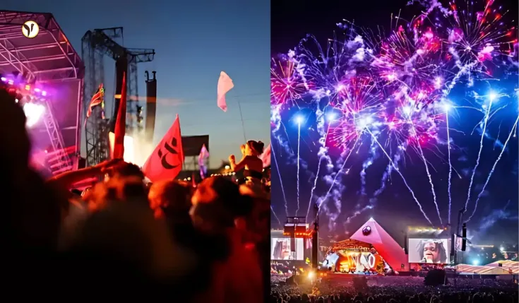 A leaked Glastonbury 2025 poster featuring rumored headliners Olivia Rodrigo The 1975 and confirmed icons Neil Young & Rod Stewart.